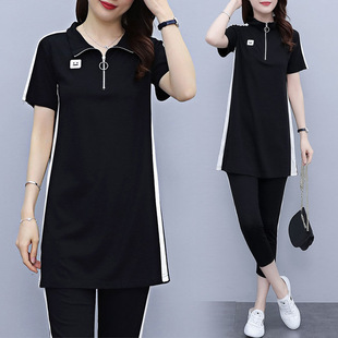 夏季 宽松 女装 T恤九分裤 胖东来胖MM大码 中长款 POLO衫 运动套装 短袖