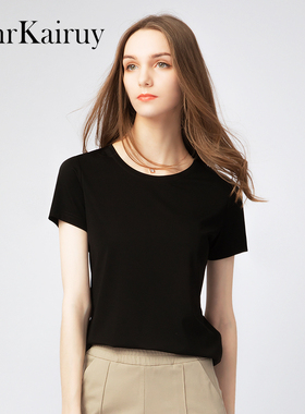 t恤女短袖正肩2026夏圆领简约修身小衫冰丝薄款欧货半袖黑色上衣