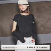 T恤女秋季 CLOUD WILD白云野边灰色解构针织衫 纽扣不规则针织上衣