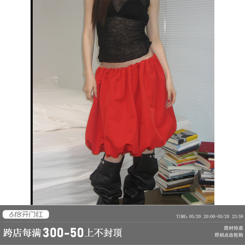 CLOUD WILD白云野边低腰红色蓬蓬裙女夏季新款短裙半身裙设计感