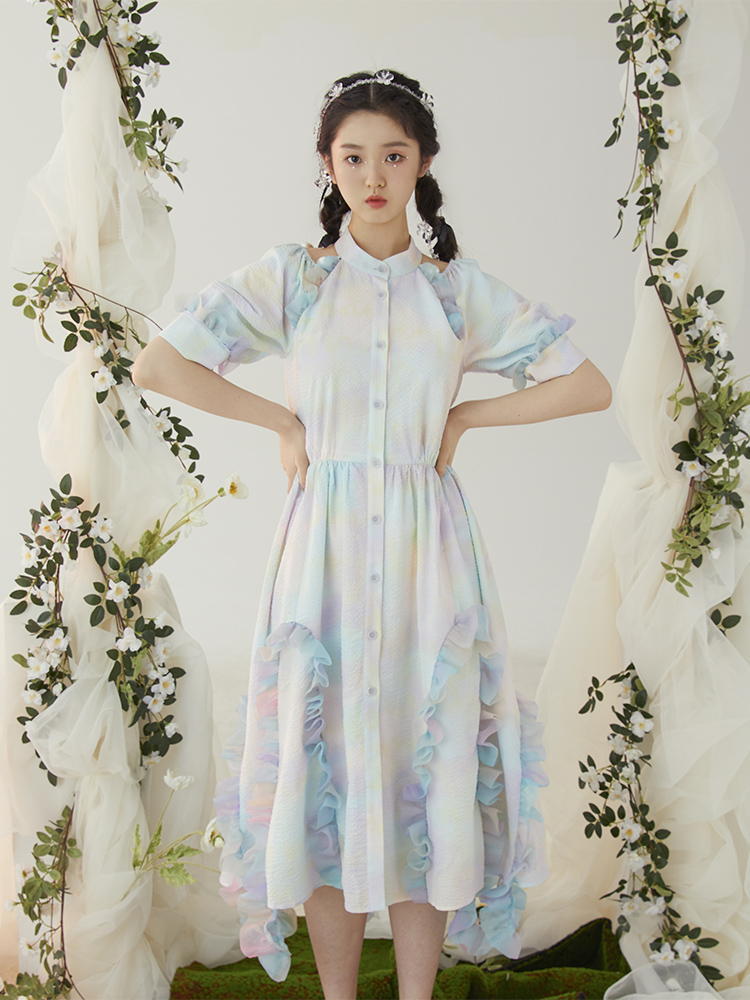 少女A摆棉扎染渐变珍珠装饰