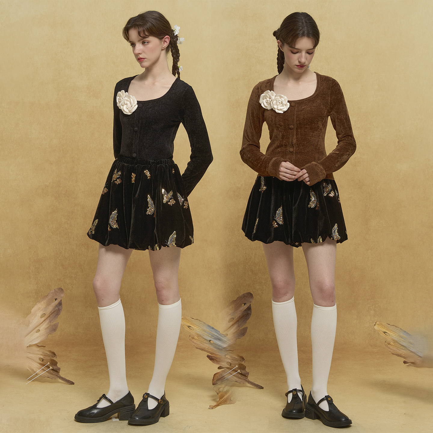 尾鸢录25秋冬新款原创国风鎏金蝴蝶刺绣丝绒花包短裤