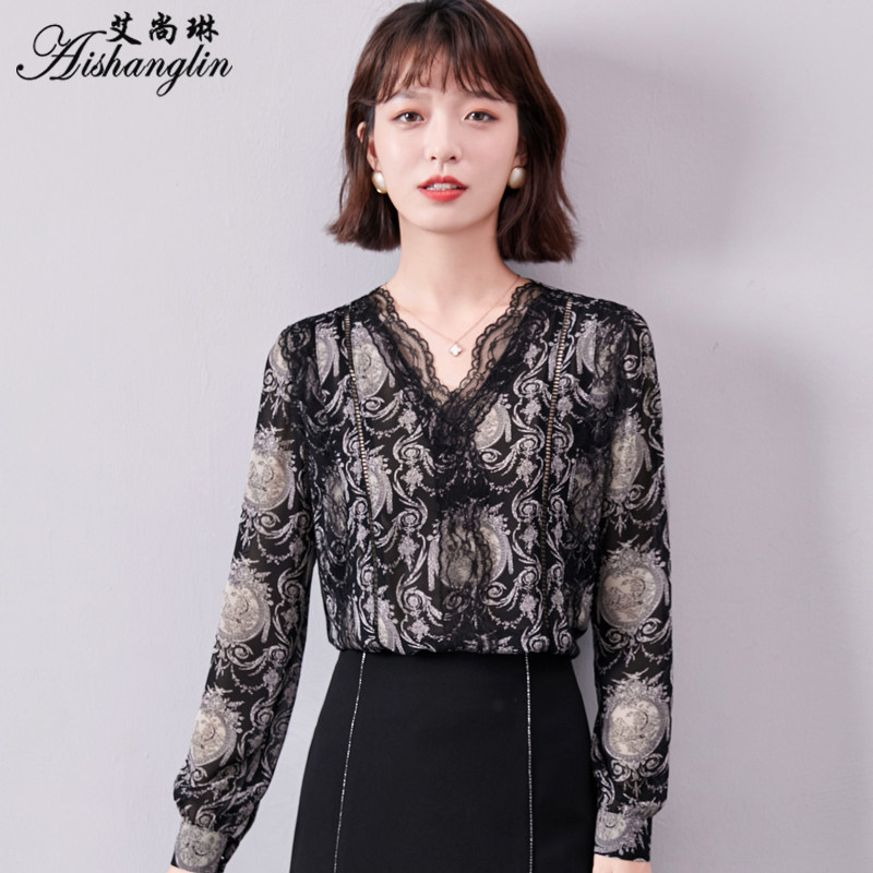 豹纹雪纺衫女长袖衬衫2020春秋新款韩版宽松镂空蕾丝上衣洋气小衫