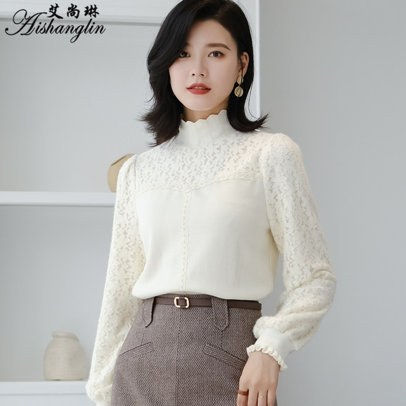 2020秋冬新款半高领加厚打底衫女士上衣遮肚子长袖洋气保暧蕾丝衫