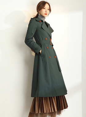 墨绿色风衣女中长款2021春季新款英伦风气质垂感大衣外套8522QL