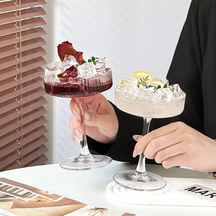 日式竖纹鸡尾酒杯横切马天尼杯高脚塔杯蝶形香槟杯酒吧起泡酒杯子