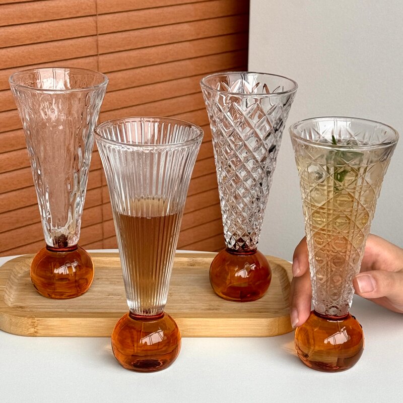 小众中古玻璃浮雕球底威士忌杯