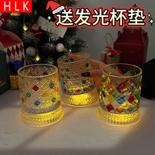 LED发光玻璃威士忌杯彩色菱格纹切割工艺高颜值酒杯