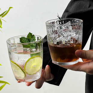 复古条纹加厚水晶玻璃杯精美棱纹水杯拿铁咖啡洋酒威士忌杯300ml