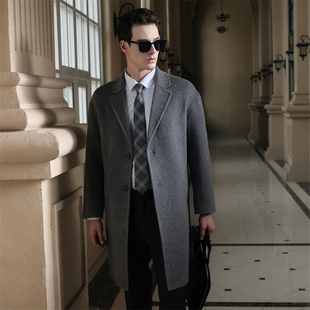 100%纯羊毛大衣男毛呢外套中长款呢子秋冬西装领商务休闲双面呢子