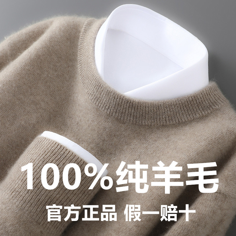 100%纯羊毛衫圆领男士套头毛衣宽松打底针织羊绒衫大码秋冬季新款