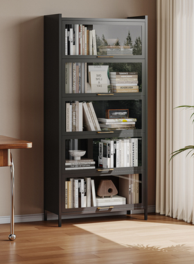 YDD中古风家用钢制书柜翻门储物玻璃门儿童书架置物收纳痛柜黑色