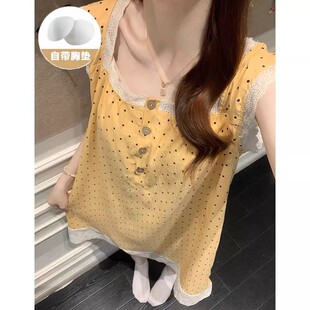 方领睡裙女夏季短袖睡衣波点连衣裙带胸垫家居服高级感可外穿
