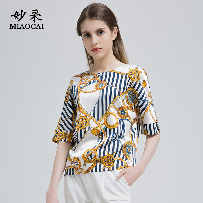 妙采MIAOCAI中老年短袖女夏季新品时尚妈妈装宽松套头真丝T恤上衣