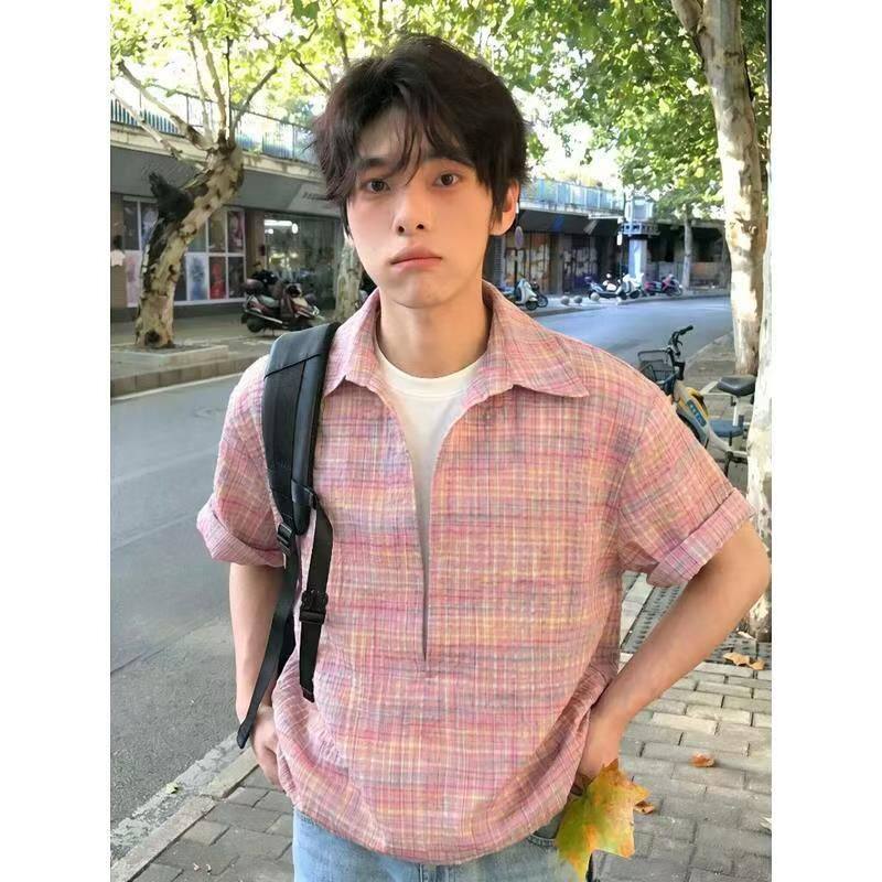 老钱风日系男夏格子半开襟衬衫