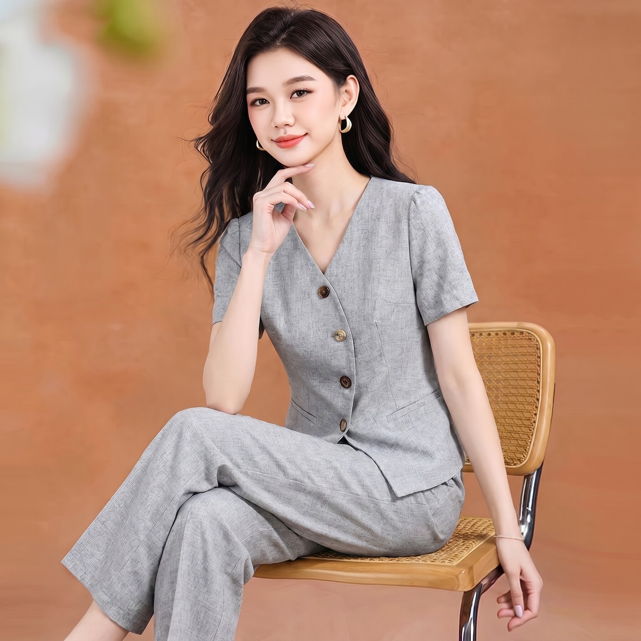 职业时尚短袖套装女夏2026新款今年流行通勤显瘦灰色两件套小个子