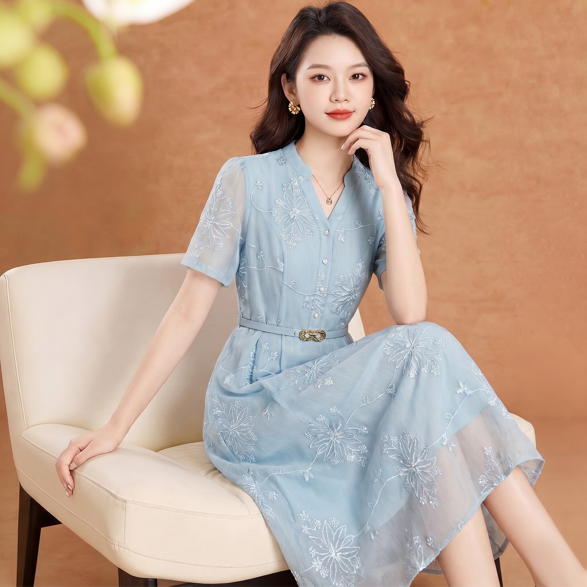高端连衣裙女夏洋气减龄蓝色裙子