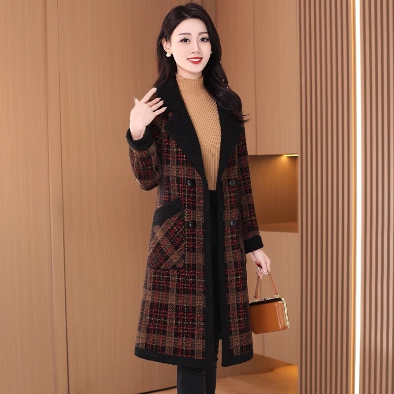 皮毛一体格子双面毛呢外套女2026新款冬高级感妈妈羊羔中长呢大衣