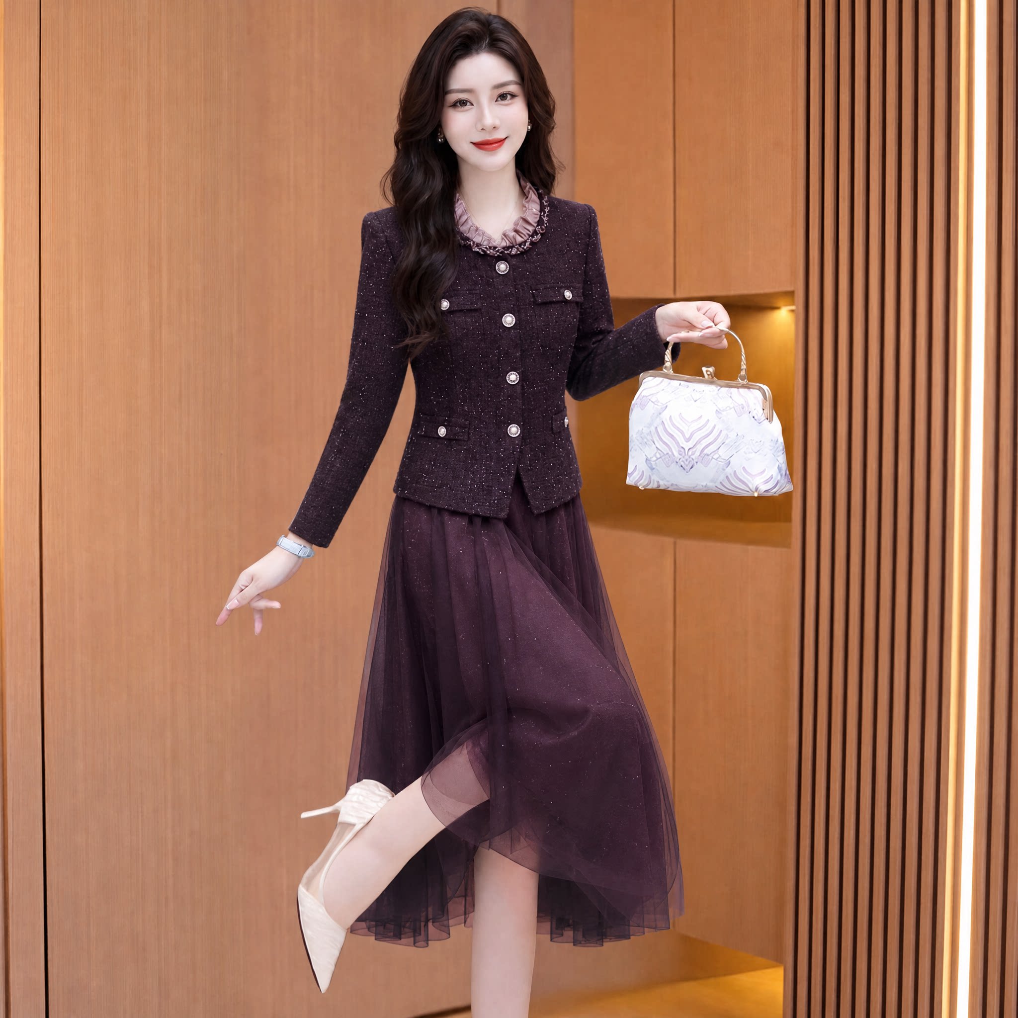 酒红小香风假两件喜婆婆礼服
