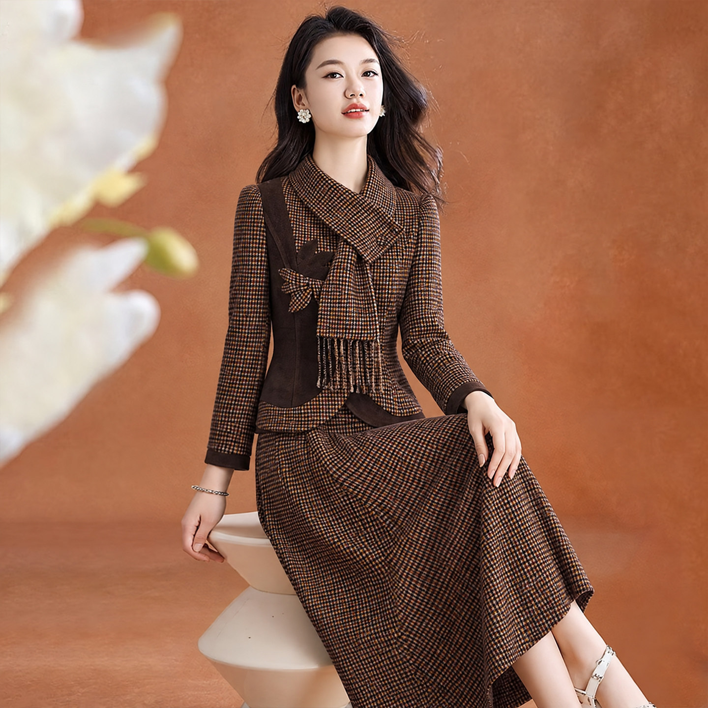 小香风仿水貂绒连衣裙女秋冬加厚
