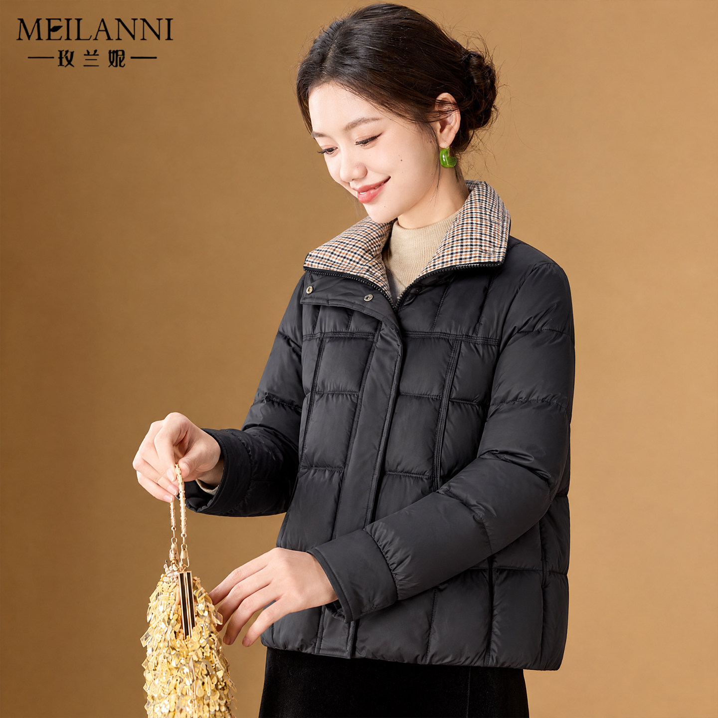 撞色格纹领短款棉衣棉服女冬季