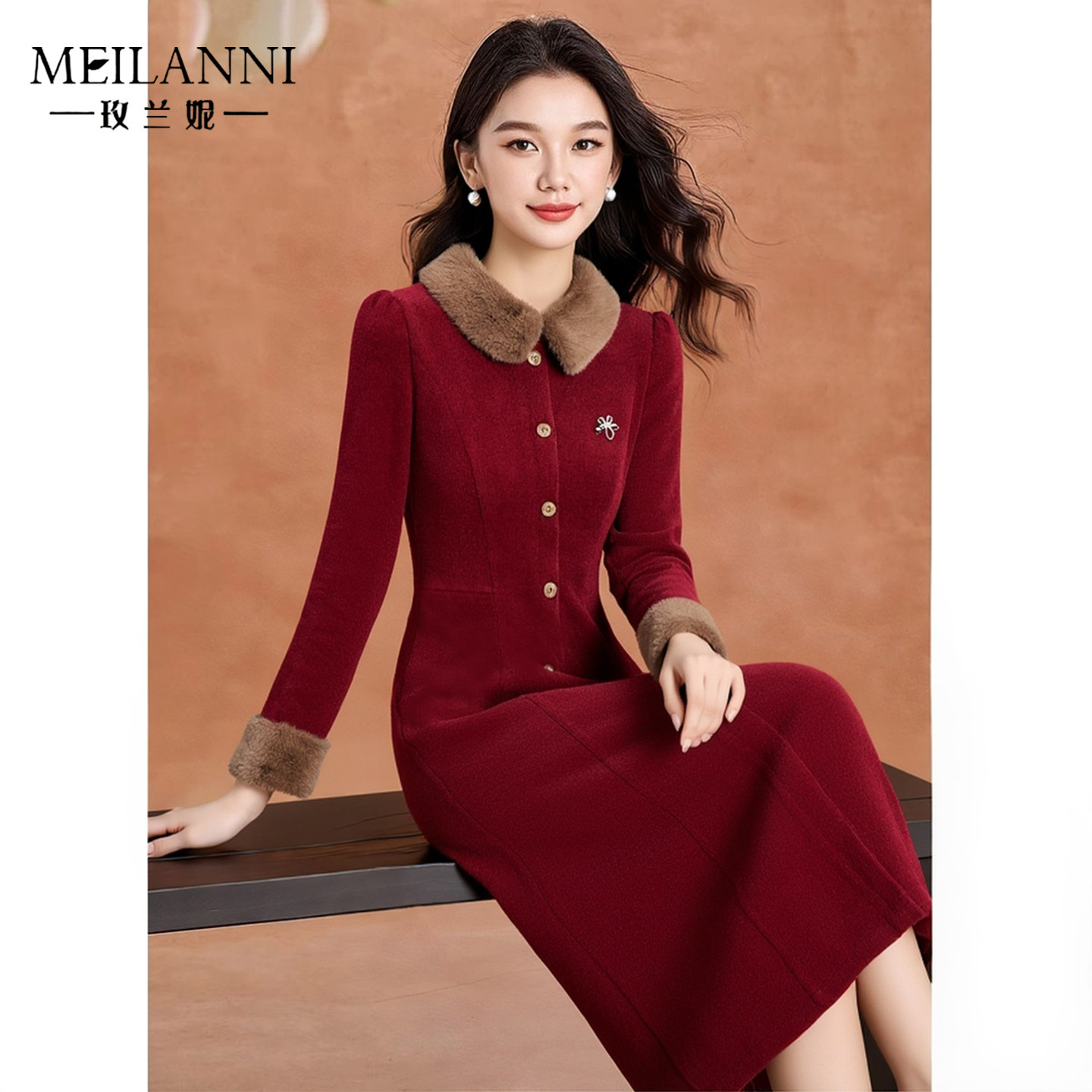 轻奢红色连衣裙女秋冬加绒加厚毛领高级感礼服高端精致广州十三行