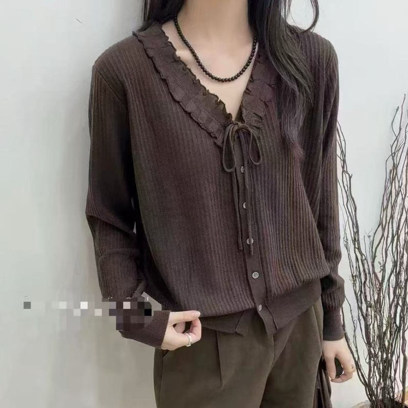 （清）【花边V领】春秋款纯色针织开衫-T368（实物以直播间为准）