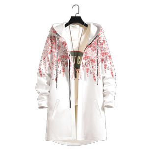 潮牌风衣男生翅膀印花春秋季过膝连帽大衣中长款休闲大码夹克外套