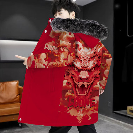 加厚羽绒服男士冬季保暖连帽外套龙年本命年大码加肥中长款面包服
