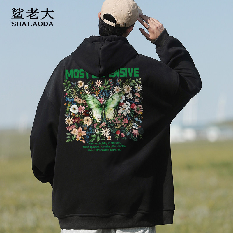 2025新款卫衣外套男ins潮牌蝴蝶花图案套头上衣加绒连帽衣服大码