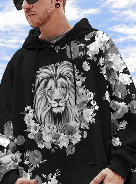 国风卫衣外套男3D狮子头印花套头连帽衫oversize春秋加绒加厚衣服