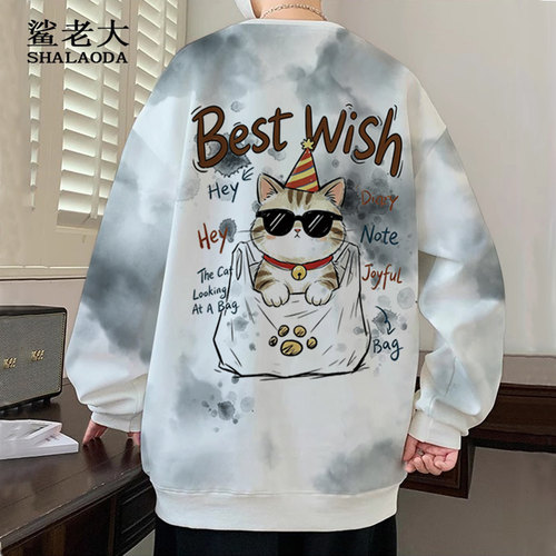 小猫印花圆领卫衣外套男早秋新款休闲百搭长袖T恤大码加肥上衣潮