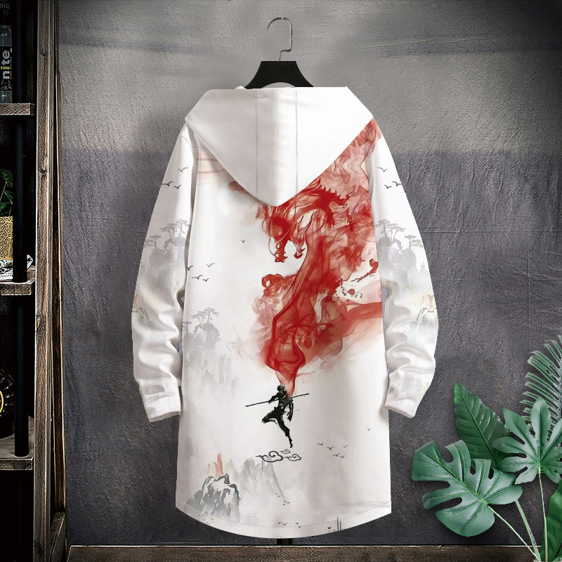 春秋加厚风衣外套男款国潮齐天大圣孙悟空连帽开衫中长款宽松大衣