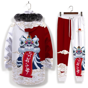 国潮醒狮图案羽绒服男款冬季加厚中长款棉服束脚卫裤连帽情侣套装