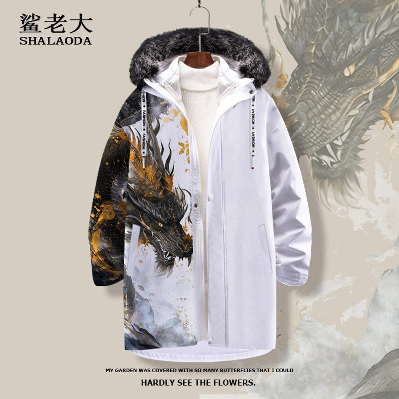 ins国潮羽绒服男中长款保暖棉服外套中国风龙印花青少年连帽棉衣