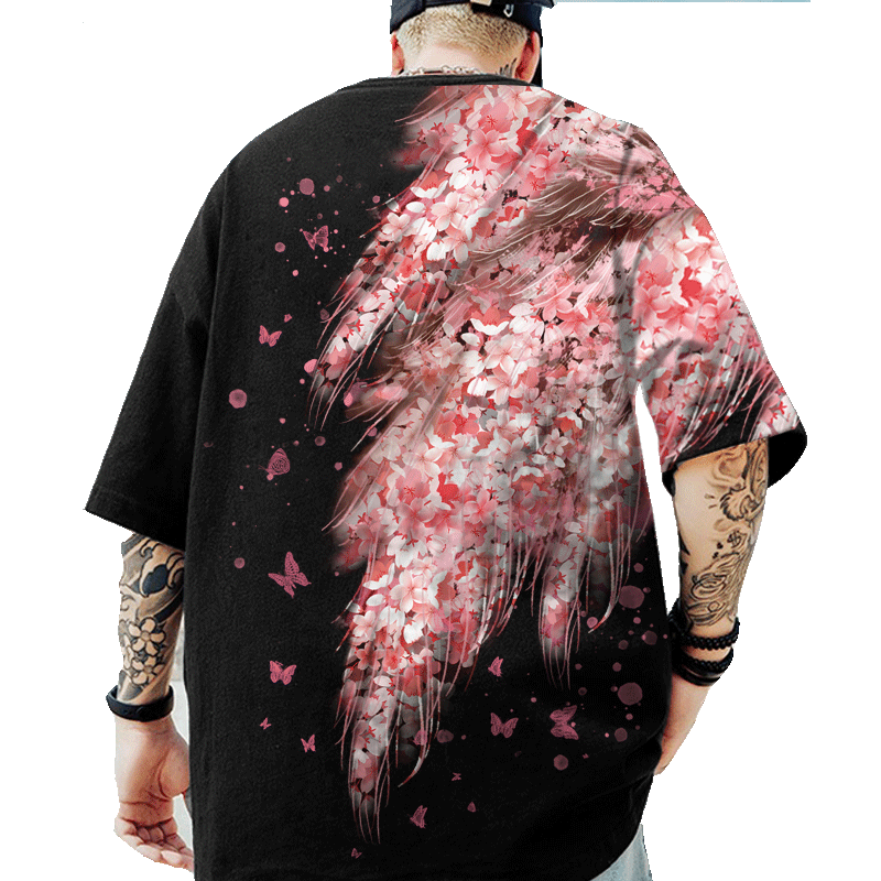 2025新款短袖T恤男翅膀印花ins潮牌大码加肥圆领体恤休闲夏季半袖