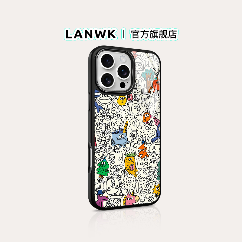 「萌趣涂鸦市集」LANWK适用苹果16/15promax手机壳新款磁吸iPhone14plus卡通可爱轻奢苹果12/13pro原创保护套