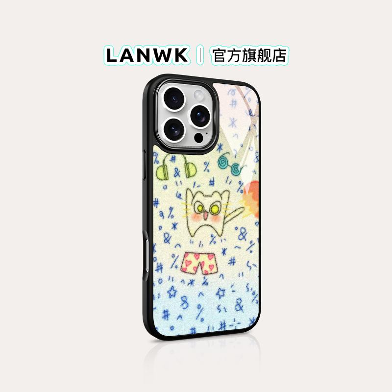 「裤衩猫」LANWK适用苹果手机壳新款高级iPhone16/15/14/13/12pro/max/plus防摔玻璃保护壳女生高级感保护套