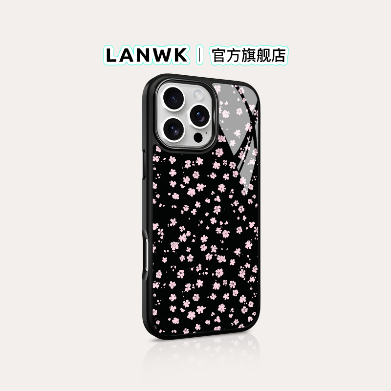 【樱花飞舞】 LANWK适用苹果16/15promax好看可爱女生手机壳iPhone14新款玻璃原创13/12plus玻璃高级感保护套