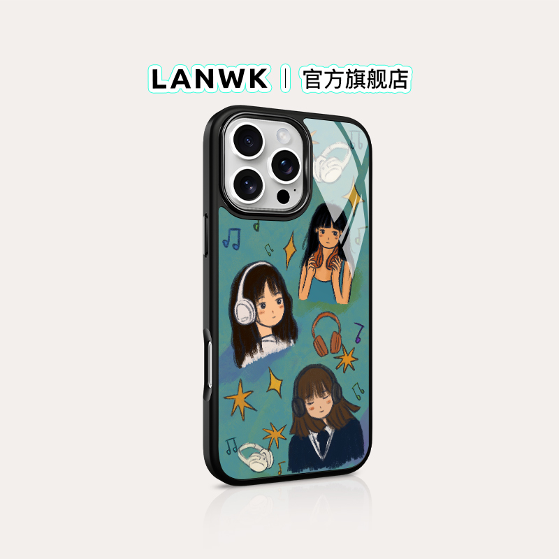 「耳机里的音乐」LANWK适用苹果16/15/13/12pro手机壳ins风磁吸iPhone14promax可爱玻璃高档plus原创保护套