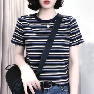 圆领百搭高级感体恤 夏季 纯棉上衣宽松显瘦条纹短袖 t恤女2026新款