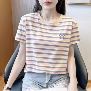 圆领条纹t恤女短袖 2026年新款 半袖 百搭体恤上衣 纯棉宽松显瘦夏季