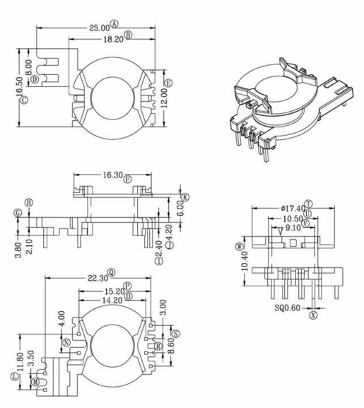 PQ2012铁氧体磁芯电木骨架立式4+2+2针高频变压器电源配件材料