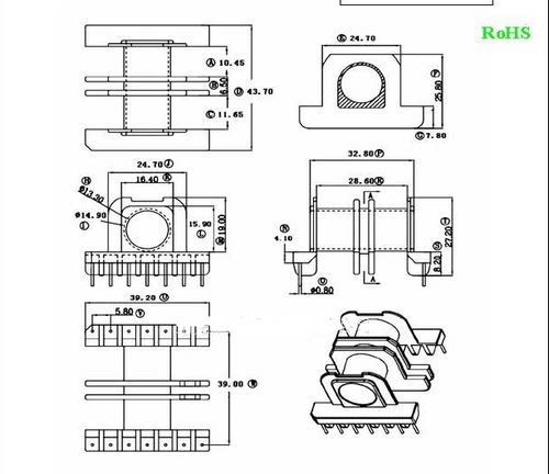 ER3945 ER39双槽骨架 带外壳卧式7+7针 排距=39mm