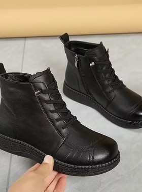 加绒妈妈棉鞋加厚大棉鞋女皮鞋秋冬季保暖高帮鞋平底防滑雪地鞋子