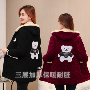 成人冬季 拉链三层加绒加厚防尘保暖围裙厨房护衣 羽绒服罩衣女长袖