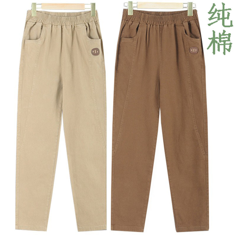 中老年女裤春秋厚款长裤纯棉直筒宽松妈妈高腰九分裤子全棉休闲裤