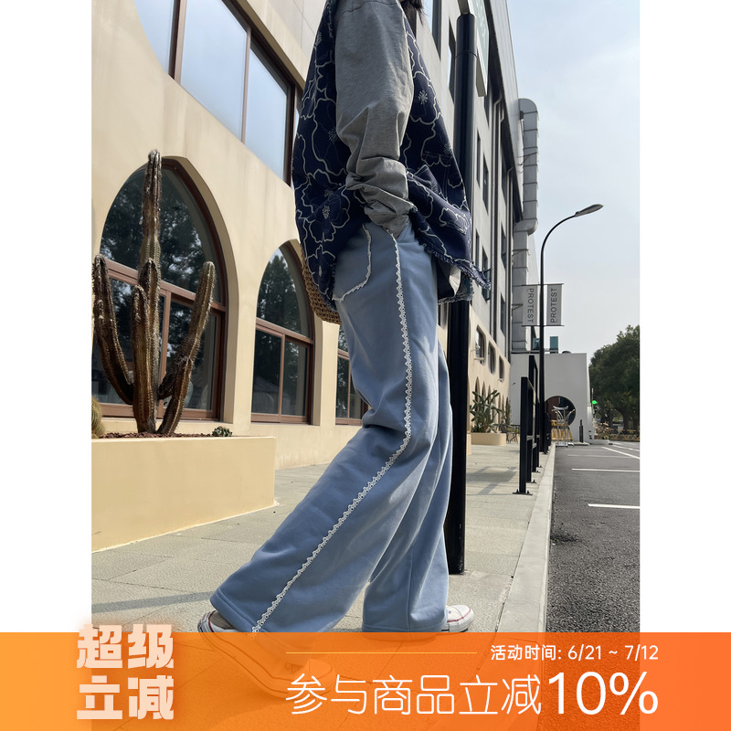 古祖祖 原创小众雾霾蓝绣花蕾丝运动裤2024女秋季休闲裤直筒卫裤