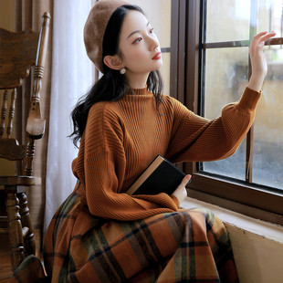 秋冬复古学院风焦糖色百搭毛衣 低俗小説 黄格子毛呢半身裙两件套