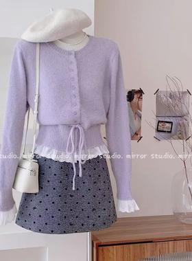 紫色内搭独特绝美毛衣女春秋设计感韩系穿搭荷叶边系带针织衫上衣
